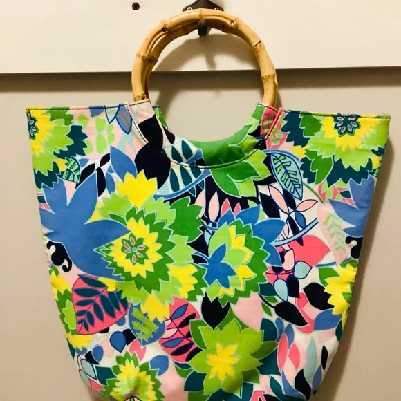 Vintage Talbots Floral Bamboo Top Handle Bag, Talbots Floral Bag, Summer Bag - Picture 4 of 7